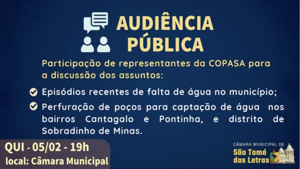 Audiência pública discutirá abastecimento de água no município.